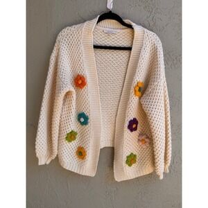 VEVERET Cream Crochet Knit Flowers Cardigan Sweater SMALL Cottage Boho Whimsy